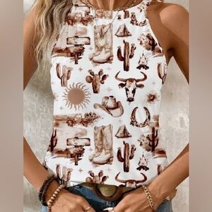 Western-Themed Brown and White Women's Top